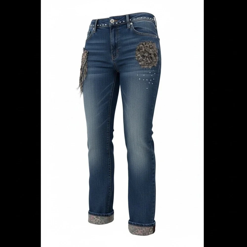 Boho Chic Embellished Denim Jeans Blue Floral Rhinestone Tassel Cuff Women's - Picture 2 of 16